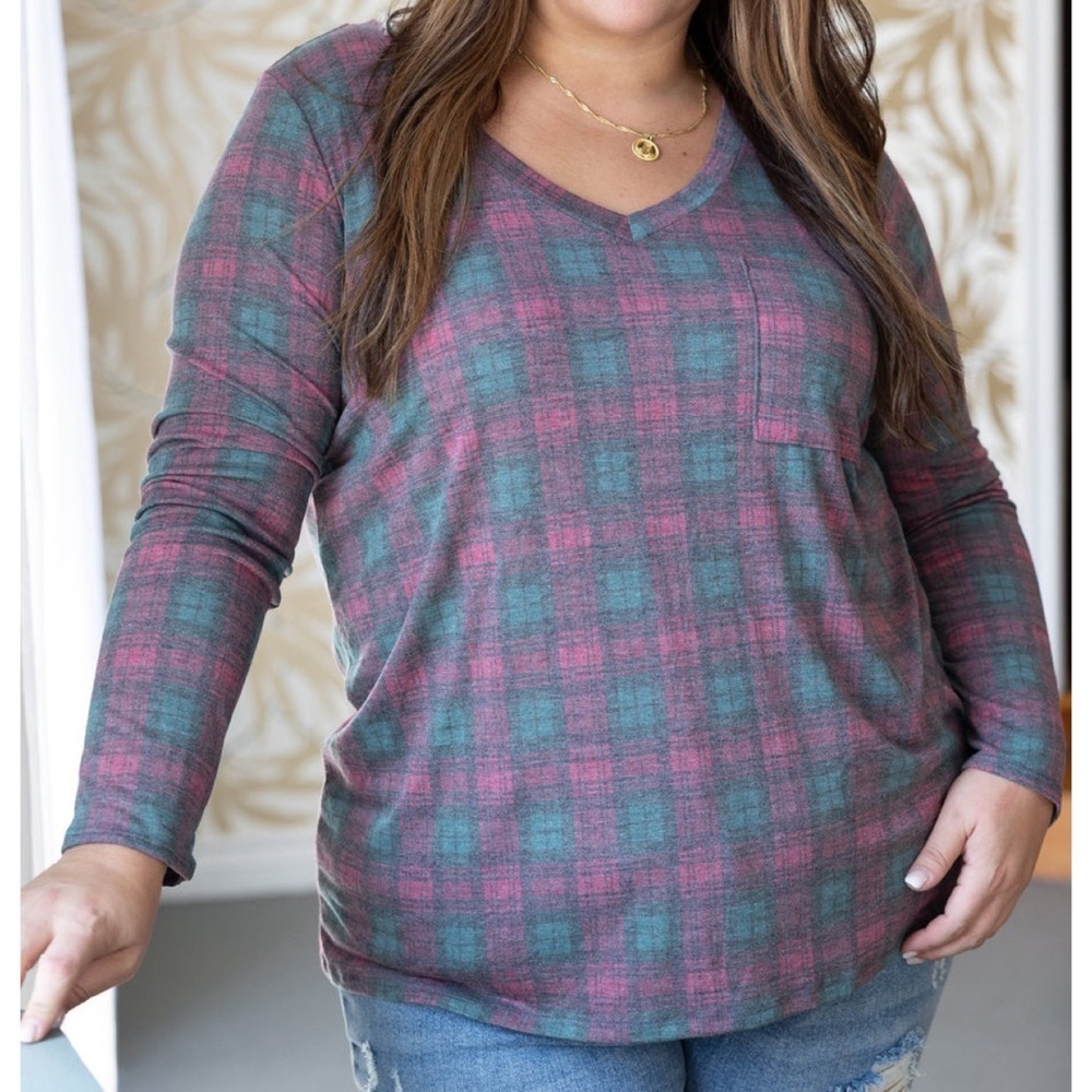 Sew in Love berry plaid long sleeve V neck top